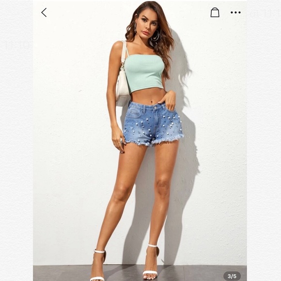 Pearl Beaded Denim Shorts - Picture 3 of 5